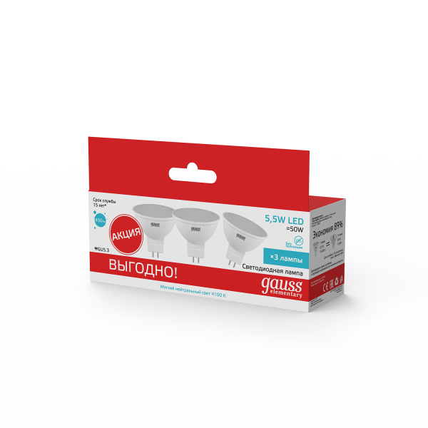 Купить Gauss Лампа Elementary MR16 5.5W 4100К GU5.3 (3 лампы в упаковке) LED 1/40 13526T