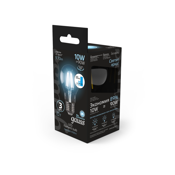 Купить Gauss Лампа Filament А60 10W 970lm 4100К Е27 шаг. диммирование LED 102802210-S