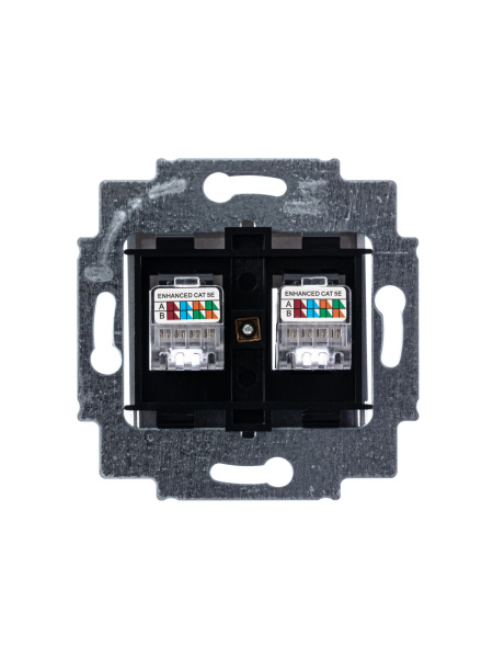 Купить ABB EPJ Levit серебро / дымчатый чёрный Розетка компьютерная, 2хRJ45 кат,5e, серебро 2CHH295118A6070