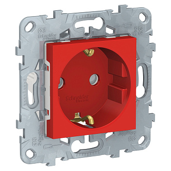 SE Unica New Красная Розетка с/з со шторками, винт. зажим, 16А, 250В NU503703