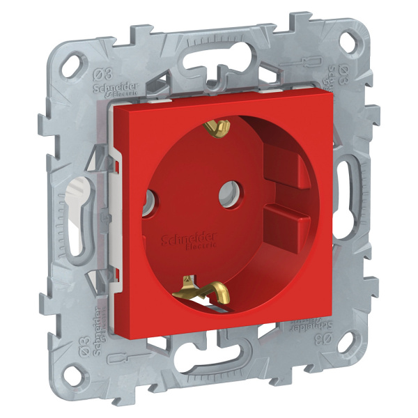 SE Unica New Красная Розетка с/з со шторками, винт. зажим, 16А, 250В NU503703