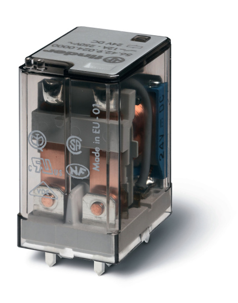 Finder Миниатюрное силовое электромеханическое реле; монтаж на печатную плату; 2CO 12A; контакты AgNi; катушка 12В DC; степень защиты RTI; опции: нет 564290120000