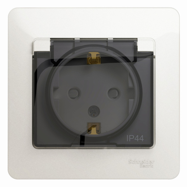 Systeme Electric Glossa Перламутр Розетка с/з со шторками с крышкой, 16А, IP44 (в сборе)