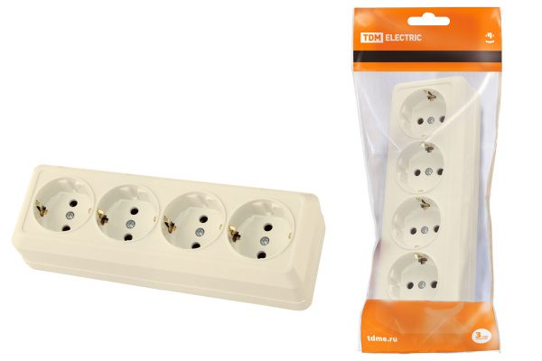 TDM Розетка 4-х местная горизонтальная 2П+3 открытой установки IP20 16A сл. кость "Ладога" SQ1801-0230