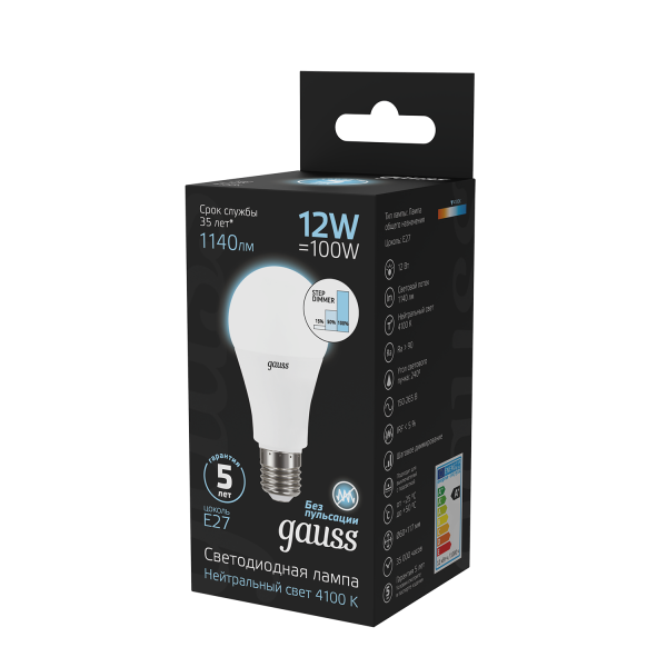 Купить Gauss Лампа A60 12W 1140lm 4100K Е27 шаг. диммирование LED 102502212-S