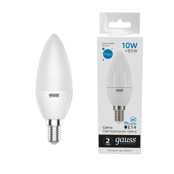 Gauss Лампа Elementary Свеча 10W 750lm 6500K Е14 LED 33130