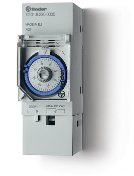 Finder Реле времени механическое суточное; монтаж на рейку 35мм; 1СO 16A; питание 230В АC; ширина 35.8мм; степень защиты IP20 120182300000