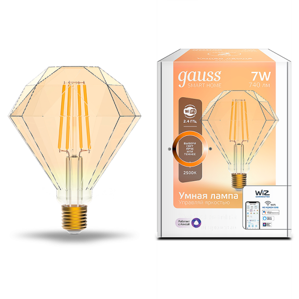 Gauss Лампа Smart Home Filament Diamond 7W 740lm 2500К E27 диммируемая LED 1350112