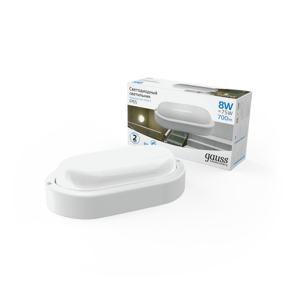 Купить Gauss Светильник ЖКХ Elementary овал 8W 700lm 6500K 160-260V IP65 160*90*46мм белый LED 161411308