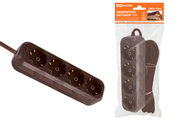 TDM Удлинитель бытовой У04 4 гнезда, 5метров,2П+3, ПВС 3х1мм2 "Эко" (бук) 16А/250В SQ1303-3012