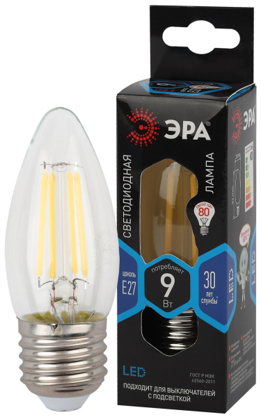 ЭРА F-LED B35-9w-840-E27 (филамент, свеча, 9Вт, нейтр, E27)