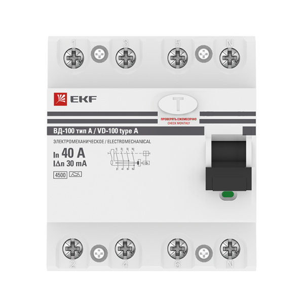 Купить EKF PROxima ВД-100  УЗО 4P 40А/30мА (A) электромеханическое