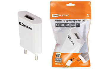 TDM Сетевое зарядное устройство, СЗУ 1, 1 А, 1 USB, белый, SQ1810-0001