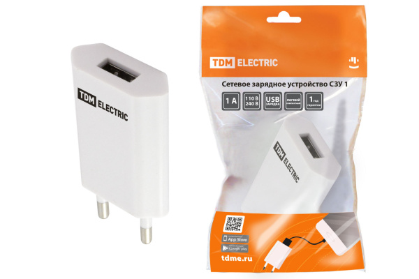 TDM Сетевое зарядное устройство, СЗУ 1, 1 А, 1 USB, белый, SQ1810-0001