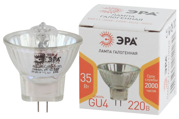 ЭРА GU4-MR11-35W-220V-30 CL Галогенная лампа софит, 35Вт, 220V, нейтр, GU4 Б0044094 ЭРА GU4-MR11-35W-220V-30 CL Галогенная лампа софит, 35Вт, 220V, нейтр, GU4 Б0044094