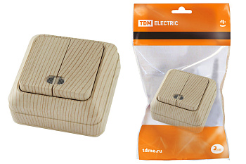 TDM Ладога Выключатель 2-кл. открытой установки с подсветкой IP20 10А, сосна SQ1801-0046