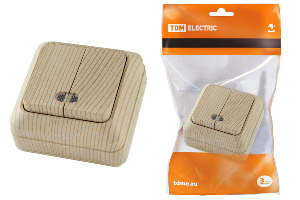 TDM Ладога Выключатель 2-кл. открытой установки с подсветкой IP20 10А, сосна SQ1801-0046