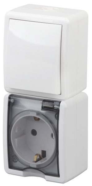 ЭРА 11-7407-01 Эксперт Белый Блок: Розетка с/з+выкл 1-кл ОУ IP54 верт.