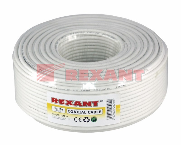 Купить Кабель 3С-2V, (48%), 75 Ом, 100м., белый Rexant 01-2611