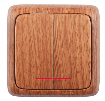 Hegel Альфа наруж Дуб ВА16-154-05 Выключатель 2-клавишный с индикацией, с изол. пластиной