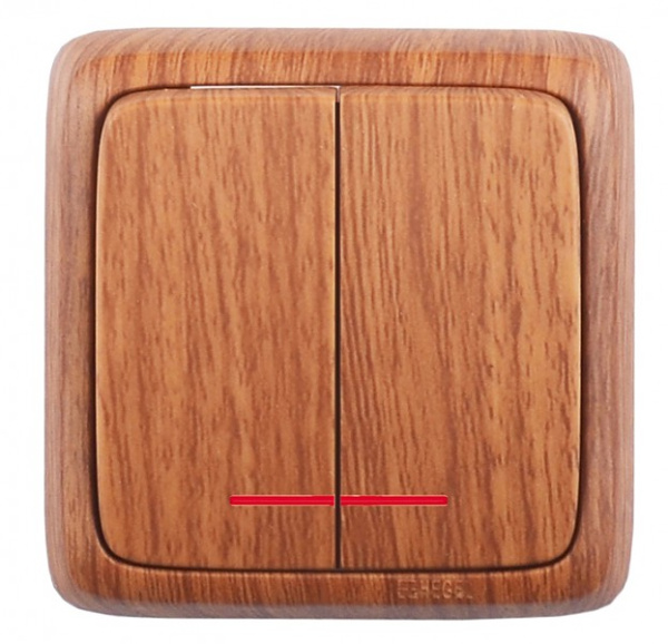 Hegel Альфа наруж Дуб ВА16-154-05 Выключатель 2-клавишный с индикацией, с изол. пластиной