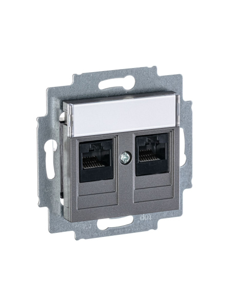 Купить ABB EPJ Levit сталь / дымчатый чёрный Розетка компьютерная, 2хRJ45 кат,5e, сталь 2CHH295118A6069
