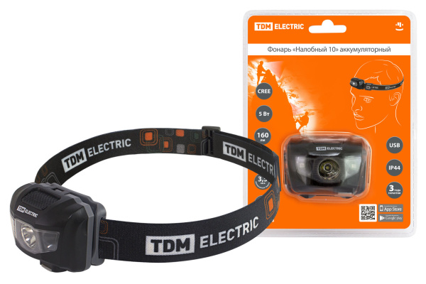 TDM Фонарь «Налобный 10» аккумуляторный, 5 Вт 1 светодиод CREE, Li-Ion 3,7 В 0,6 А*ч, USB, сенсор, SQ0350-0062