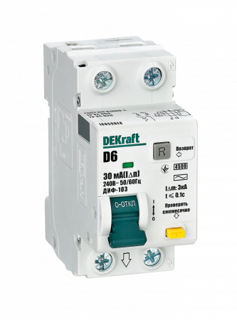 Dekraft Дифференциальный автомат (АВДТ) 1Р+N 6А 30мА тип AC х-ка D ДИФ-103 4.5кА