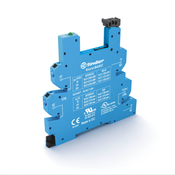 Finder Розетка MasterBASIC с безвинтовыми клеммами Push-in для реле 34 серии; питание 24В DC; в комплекте пластиковая клипса; опции: LED 93607024