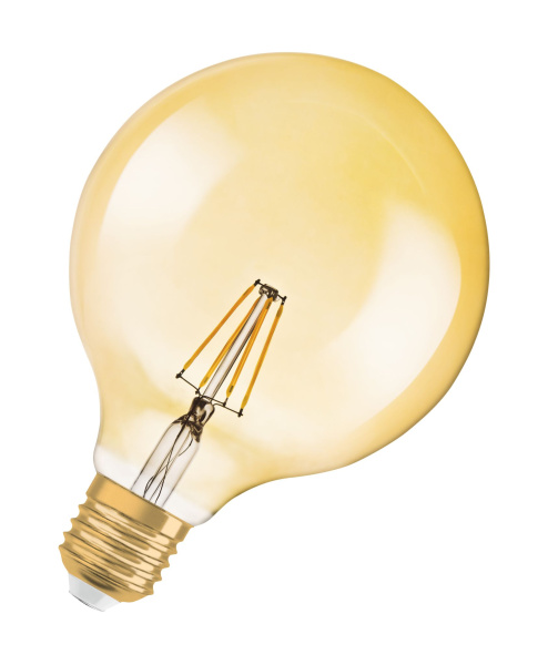 Купить Osram Светодиодная лампа Vintage 1906 LED CL GLOBE125,филаментная, GOLD 4W(замена 36Вт),теплый белый свет (825), золотистая,цоколь E27 4052899962071