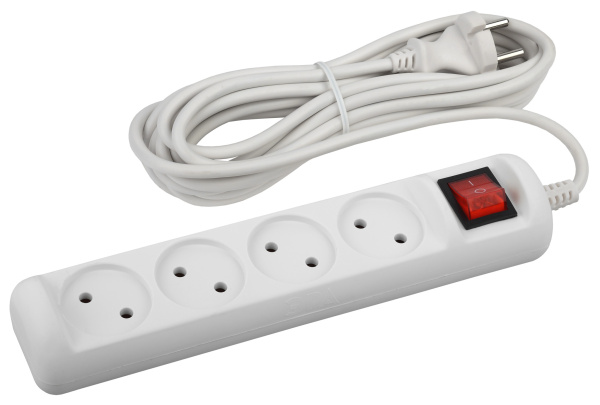 ЭРА Удлинитель электрический U-4s-5m-2x1 без заземления c выключателем 4 розетки 5 м ПВС 2x1мм2 10А