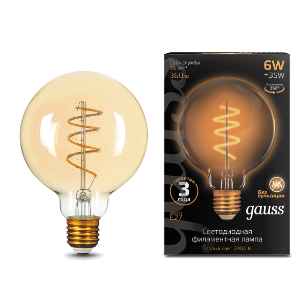 Купить Gauss Лампа Filament G95 6W 360lm 2400К Е27 golden flexible LED 105802007