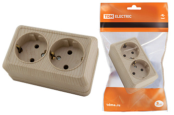 TDM Розетка двойная 2П+З открытой установки IP20 16А, сосна "Ладога" SQ1801-0052