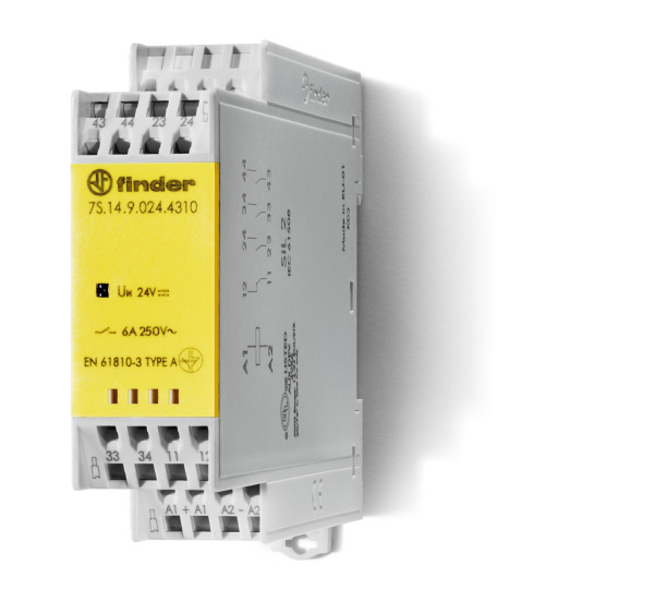 Finder Модульное электромеханическое реле безопасности (реле с принудительным управлением контактами); 3NO+1NC 6A; контакты AgSnO2; катушка 24В DC; бе 7S1490244310T