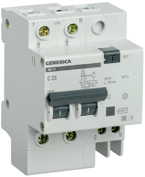 Купить IEK GENERICA Автоматический выключатель дифференциального тока АД12 2Р 25А 100мА MAD15-2-025-C-100