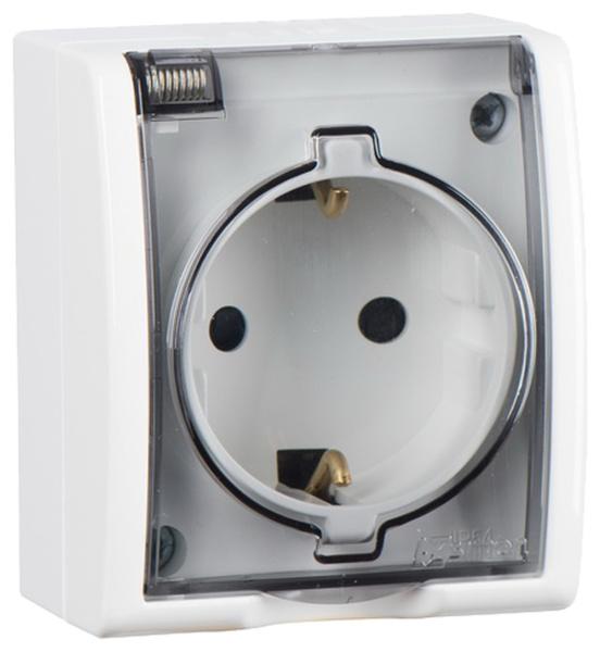 Simon 15 Aqua Белая Розетка 1-ая с/з с крышкой наружная, IP54 1594445-030