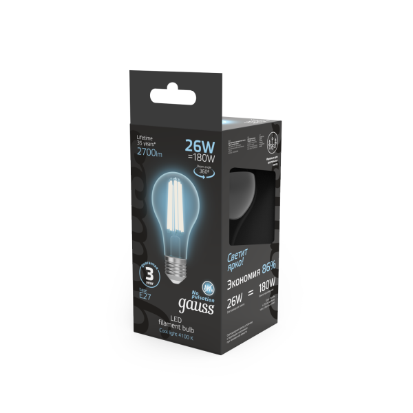 Купить Gauss Лампа Filament А70 26W 2700lm 4100К Е27 LED 1/10/40 102902226