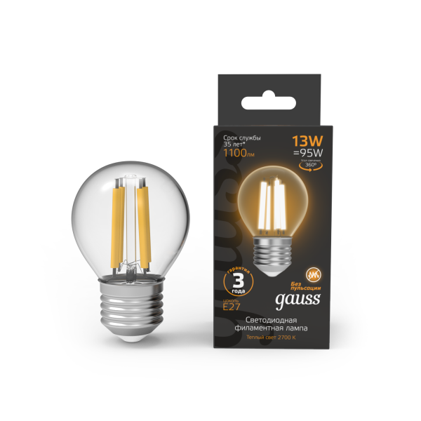 Купить Gauss Лампа Filament Шар 13W 1100lm 2700К Е27 LED 1/10/50 105802113