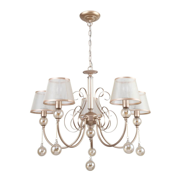 Купить Favourite подвесная люстра каркас цвета перламутровое золото, плафоны из полупрозрачной органзы с золотой окантовкой, декоративные элементы из выдувно 2553-5P