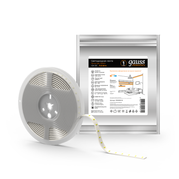 Купить Gauss Лента LED Elementary 2835/120-SMD 9.6W 12V DC теплый белый IP20 (ZIP bag 5m) 355000110