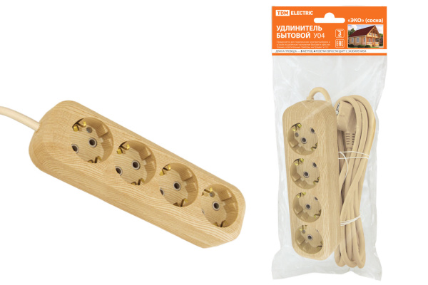TDM Удлинитель бытовой У04 4 гнезда, 5метров,2П+3, ПВС 3х1мм2 "Эко" (сосна) 16А/250В SQ1303-2012