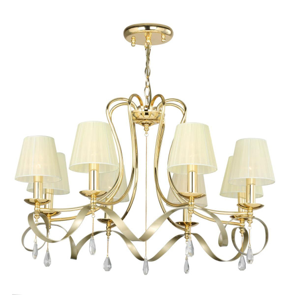 Favourite подвесная люстра каркас цвета золотой, плафоны из светло-бежевой ткани, декоративные элементы из прозрачного хрусталя 2596-8P