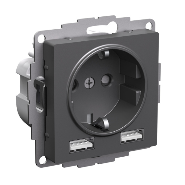 Systeme Electric AtlasDesign Базальт Розетка 16А с 2 USB A+A, 5В/2,4А, 2х5В/1,2А, механизм