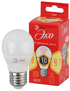 ЭРА ECO LED P45-10W-827-E27 (диод, шар, 10Вт, тепл, E27) Б0032970