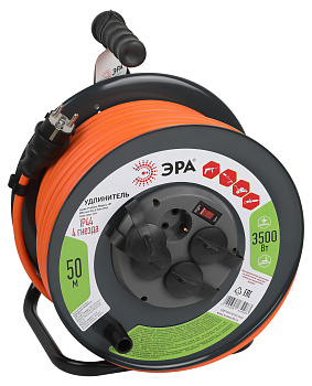 ЭРА Удлинитель силовой RMx-4es-3x2.5-50m-IP44 на металлической катушке с заземлением с выключателем 4 розетки 50м ПВС