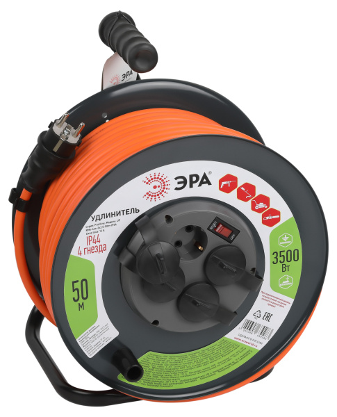 ЭРА Удлинитель силовой RMx-4es-3x2.5-50m-IP44 на металлической катушке с заземлением с выключателем 4 розетки 50м ПВС