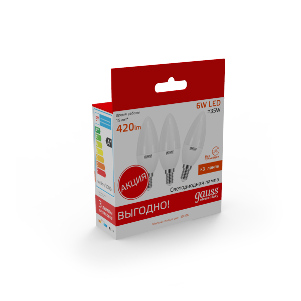 Купить Gauss Лампа Elementary Свеча 6W 420lm 3000K E14 (3 лампы в упаковке) LED 1/40 33116T