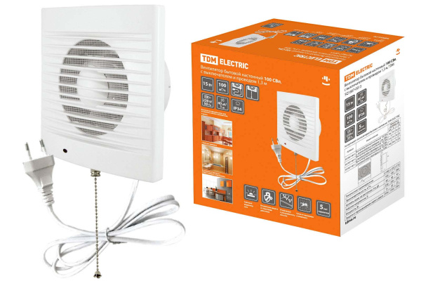 TDM Вентилятор бытовой настенный 100 СВп, с выключателем и проводом 1,3 м, SQ1807-0013