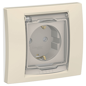 SE Unica New Беж Розетка с/з со шторками, с крышкой, IP44 в сборе с рамкой NU003744