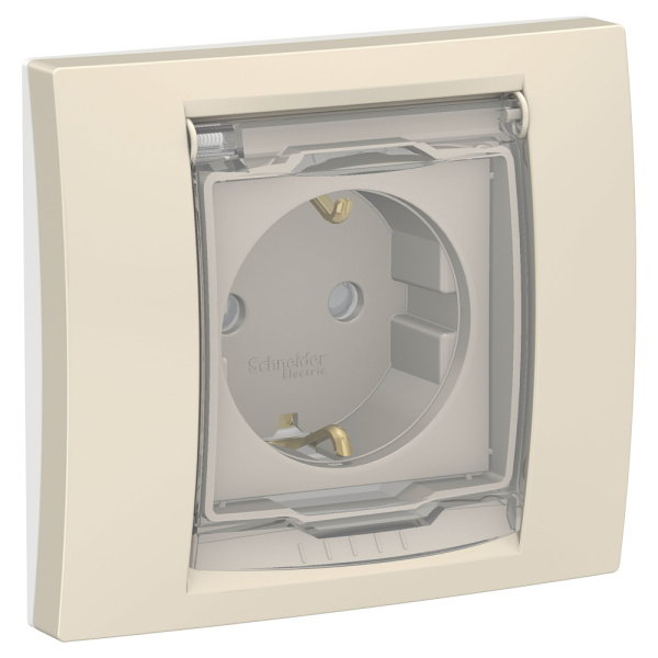 SE Unica New Беж Розетка с/з со шторками, с крышкой, IP44 в сборе с рамкой NU003744